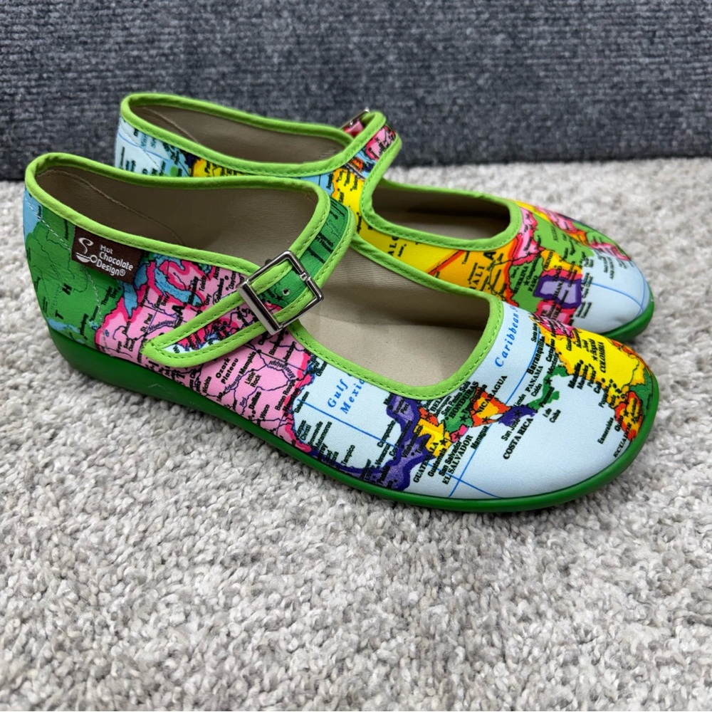 Hot Chocolate Design Chocolaticas Mary Jane Shoes Map Globe womens Sz EU 37 US 7